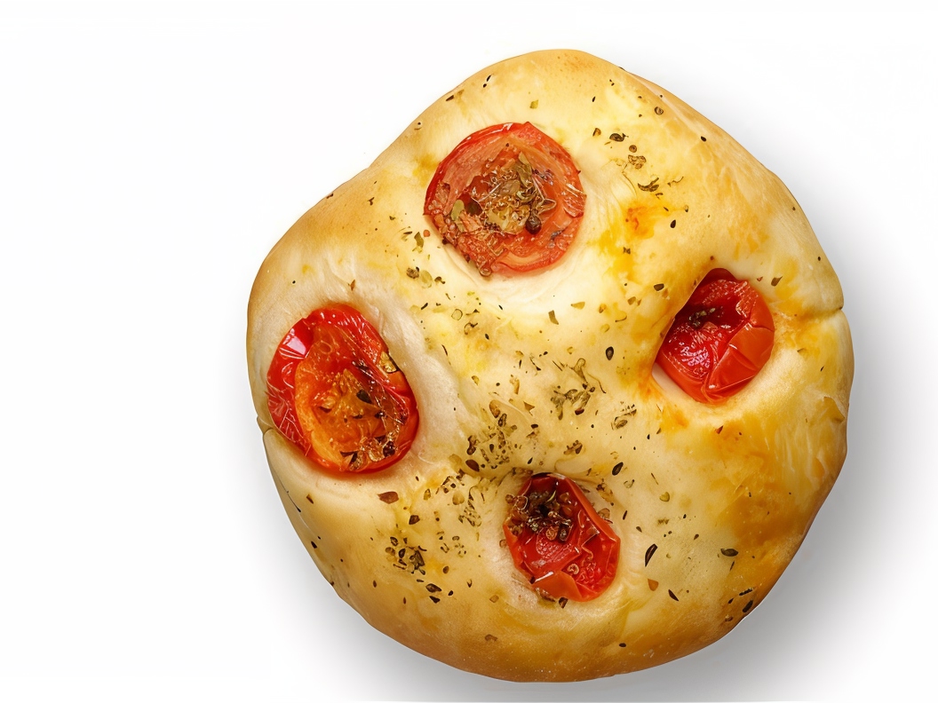 Focaccia with Tomatoes, Olives, and Cheese