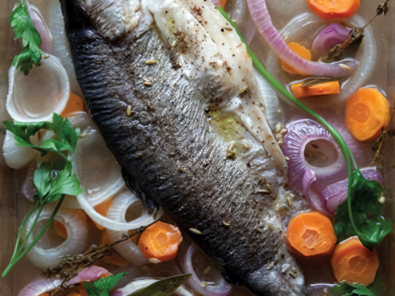 Poached Trout with Onions and Dill Seeds