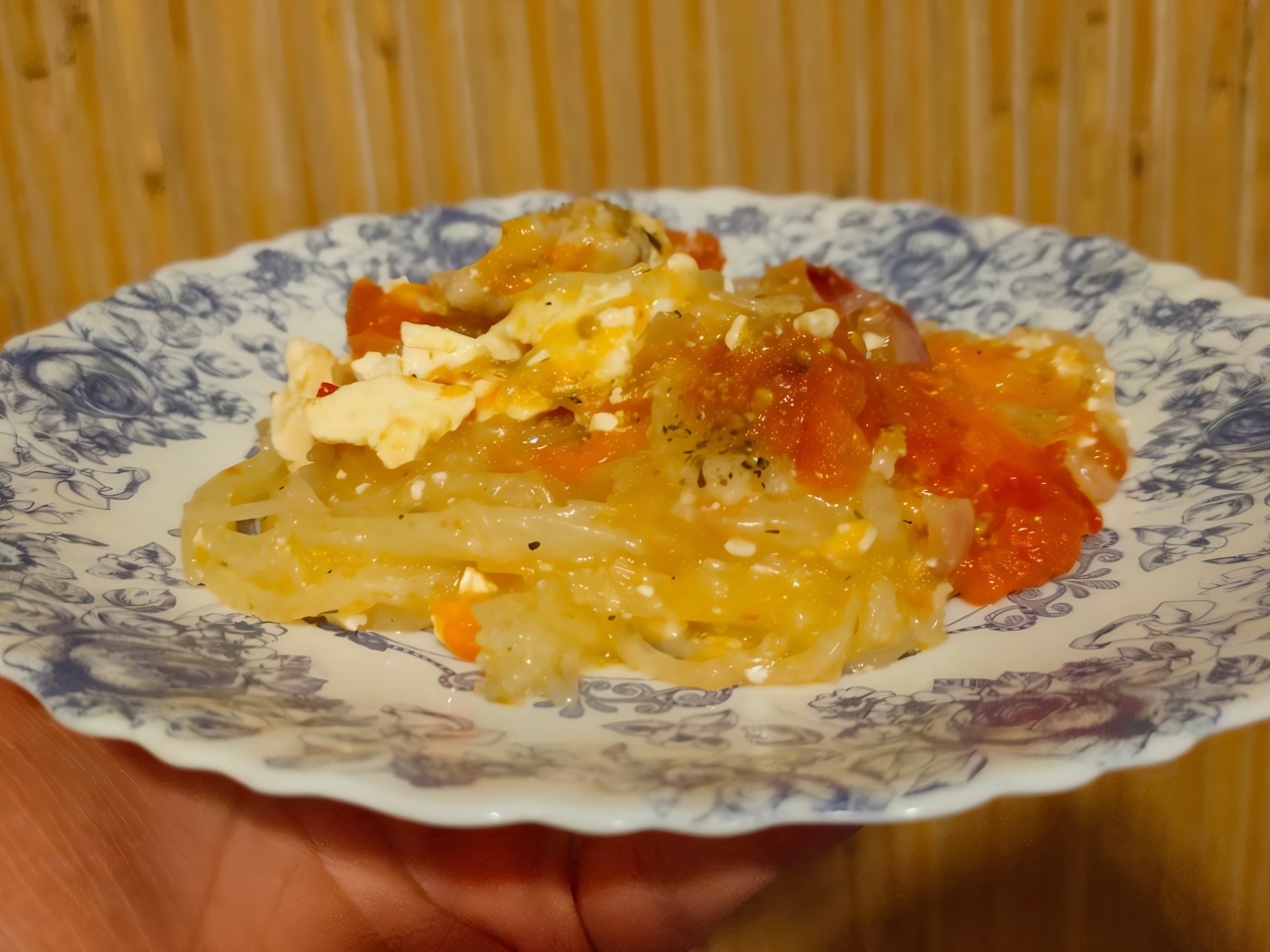 Glass Noodles with Vegetables, Cheese, and Bacon