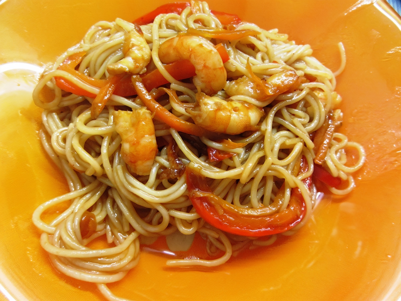 Glass Noodles with Vegetables, Shrimp, and Sesame