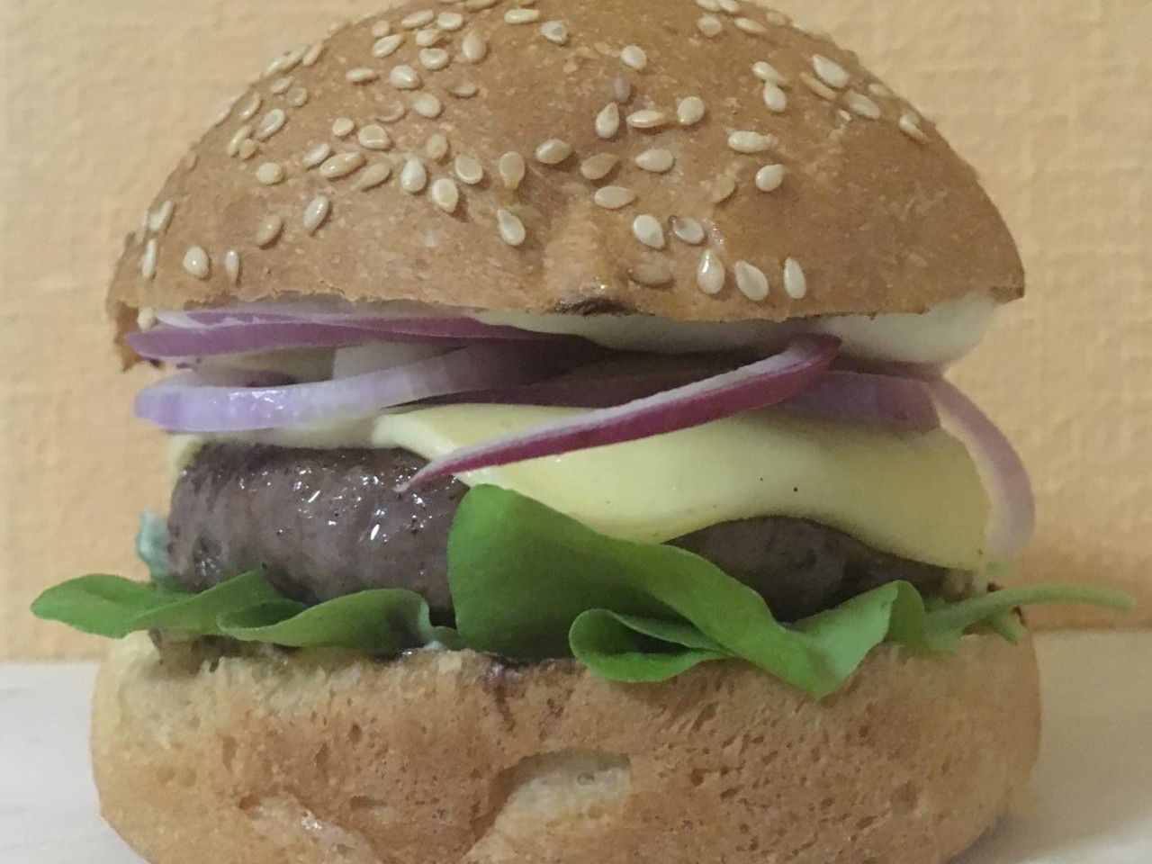 Beef Hamburger with Arugula and Red Onion