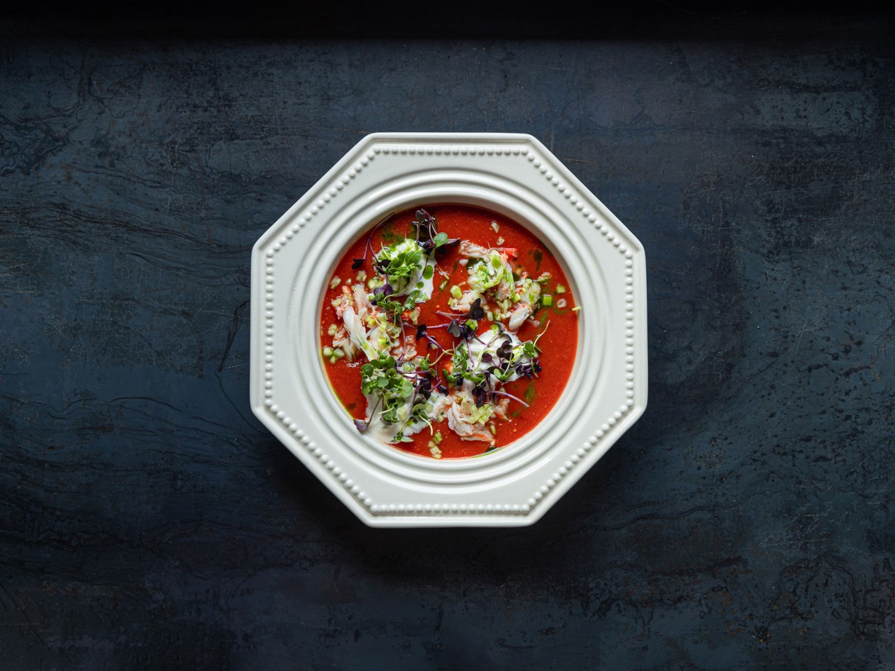 Gazpacho with Crab, Stracciatella, and Tabasco