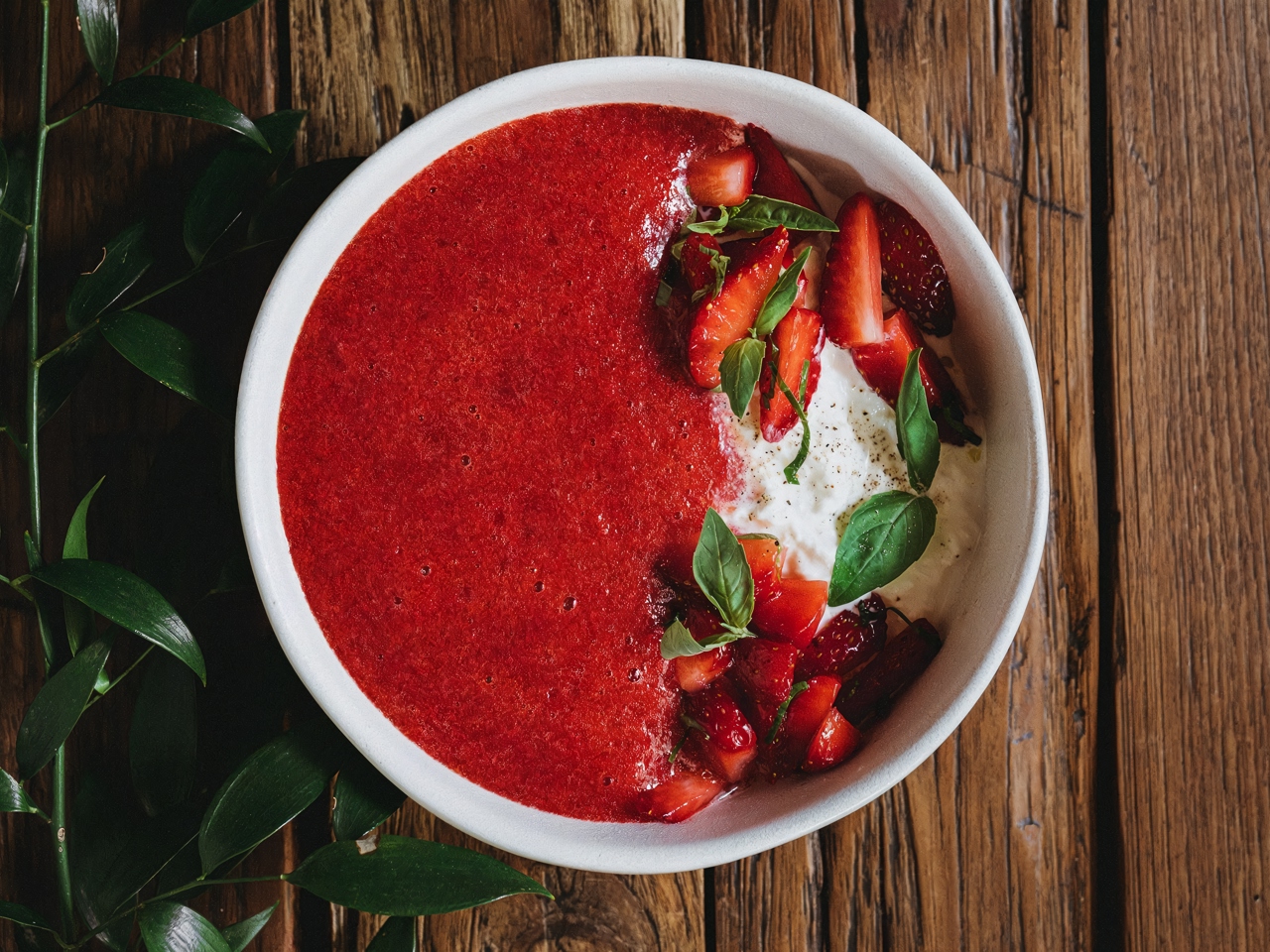 Gazpacho with Stracciatella and Strawberries