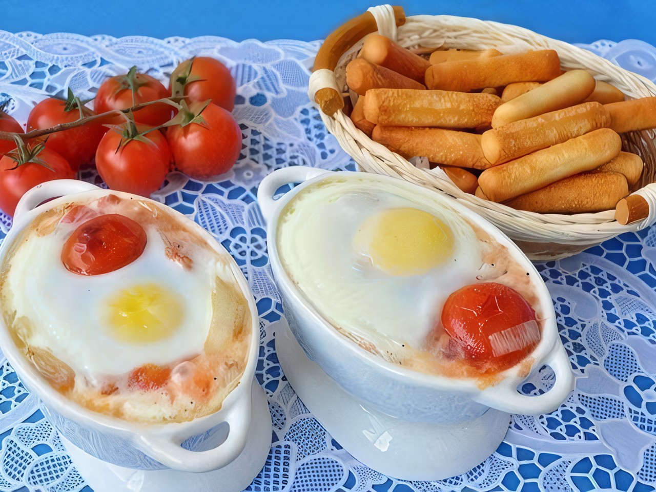Fried Eggs with Peppers and Plum Tomatoes