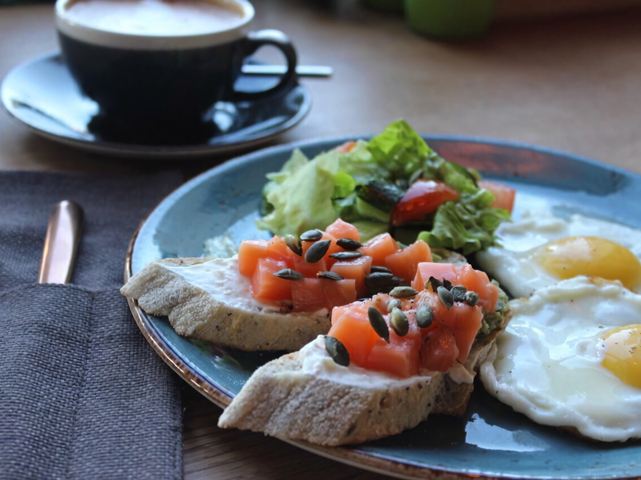 Fried Eggs and Toast with Guacamole, Cream Cheese, and Lightly Salted Salmon