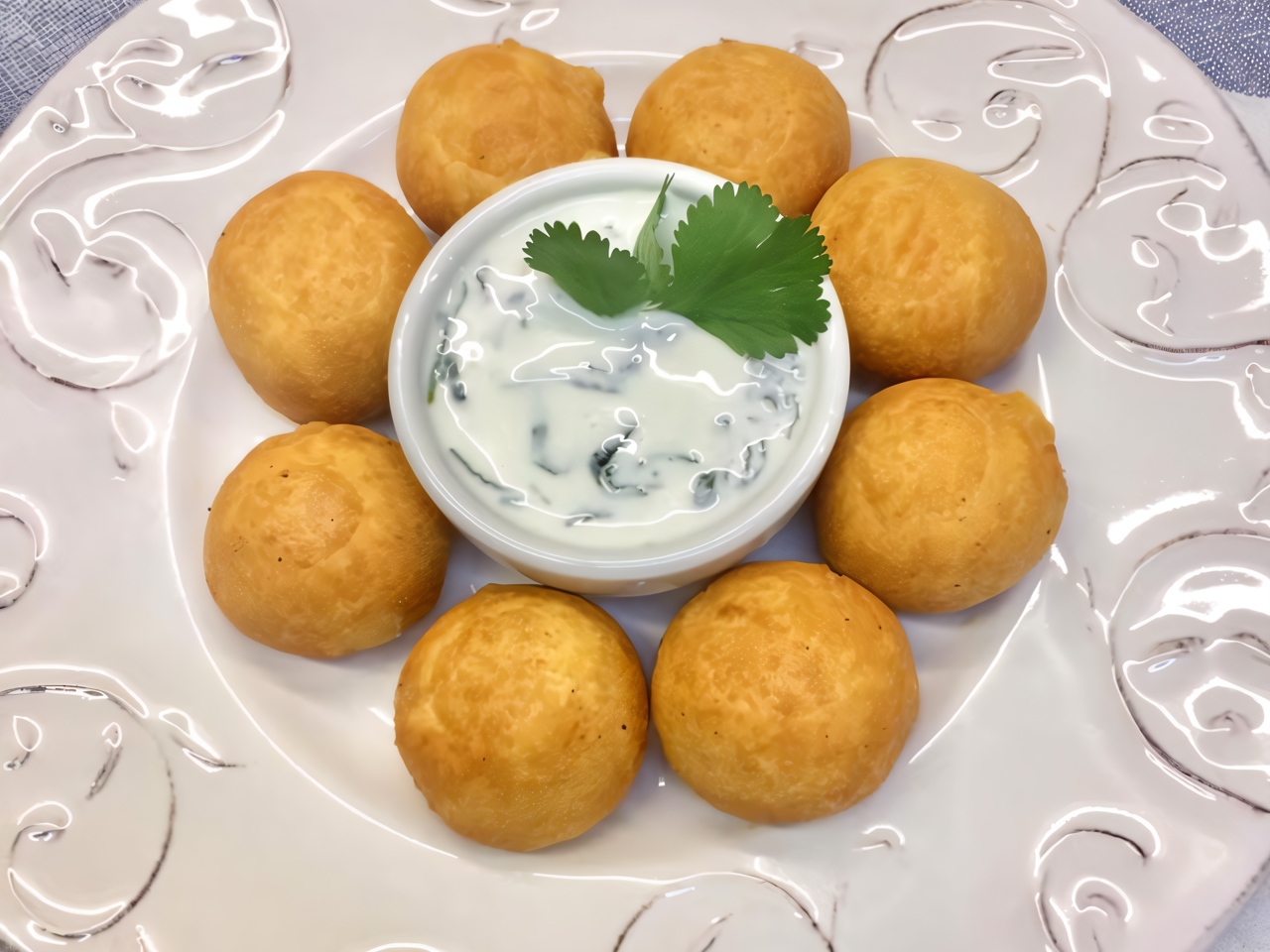 Pea Croquettes with Cheese, Matsoni, and Cilantro