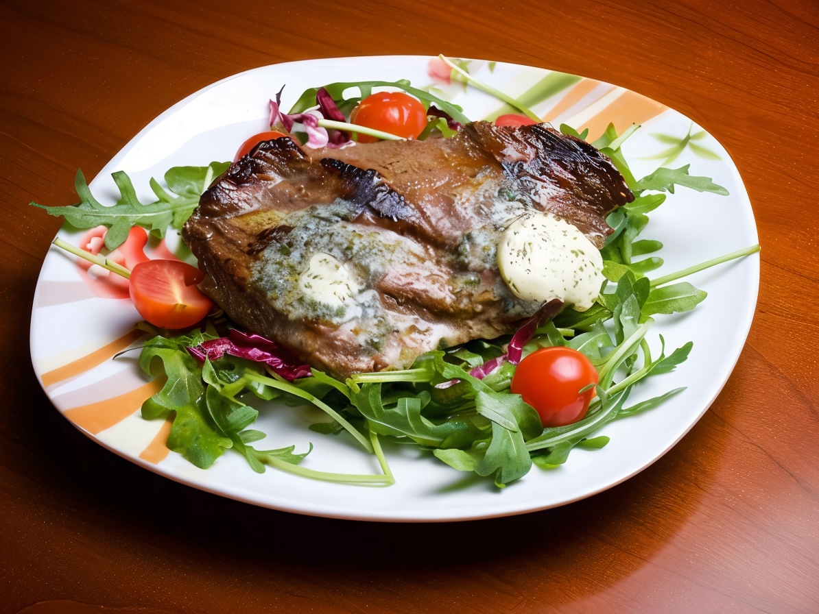 Beef with Parmesan Butter and Balsamic Glaze on a Bed of Arugula