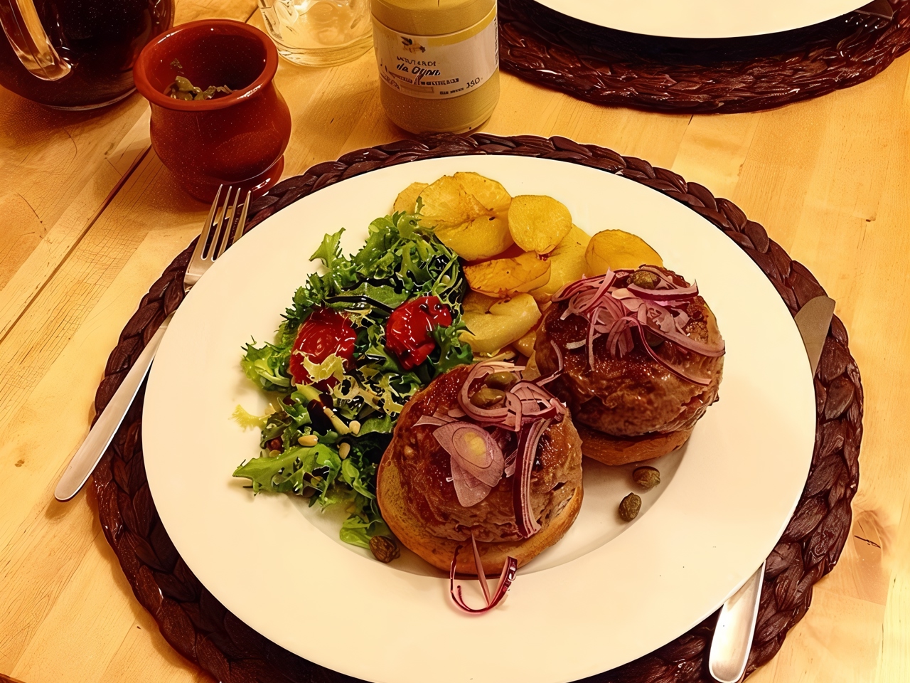 Beef Burgers with Blue Cheese, Whiskey, Red Onion, and Mustard, Served with a Side of Potatoes
