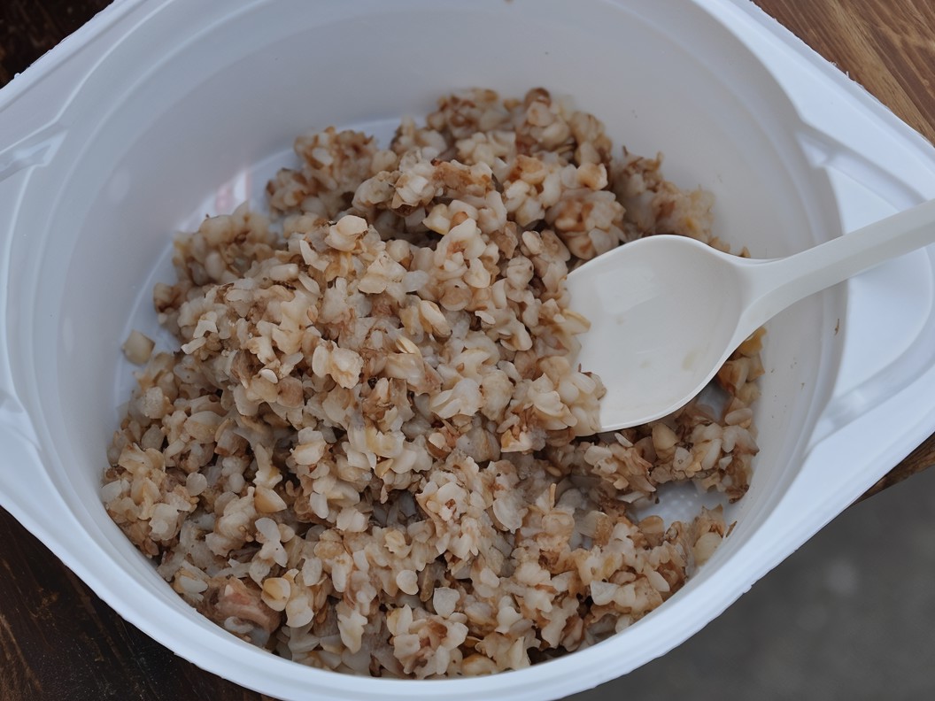 Buckwheat Porridge with Canned Meat, Liver Pâté, and Sprats in Tomato Sauce