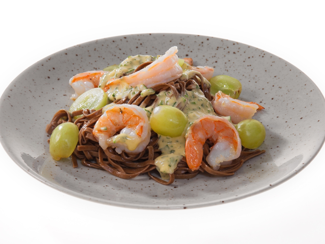 Buckwheat Noodles with Shrimp, Grapes, and Green Aioli Sauce