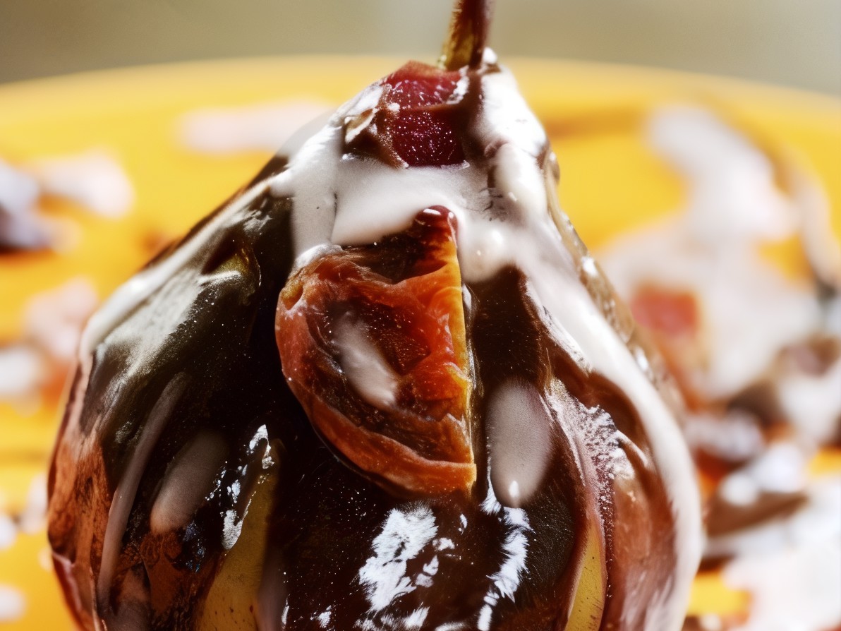 Pears with Sake and Warm Chocolate Sauce