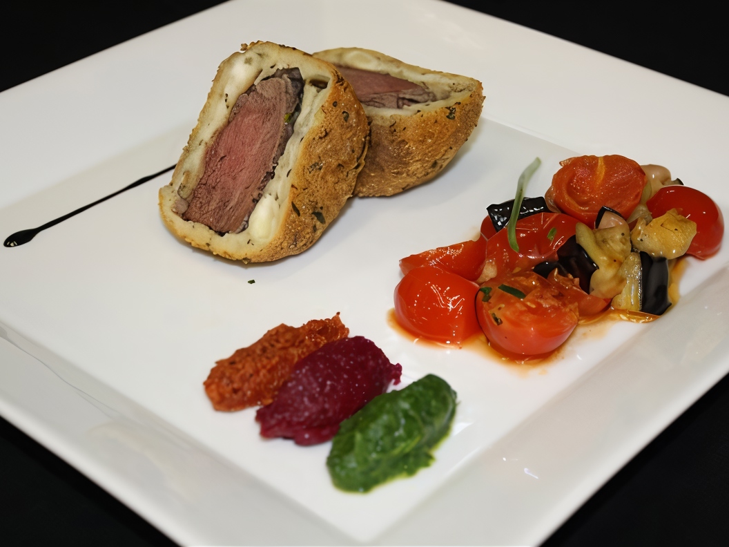 Lamb with Caponata, Beans, and Three Types of Puree