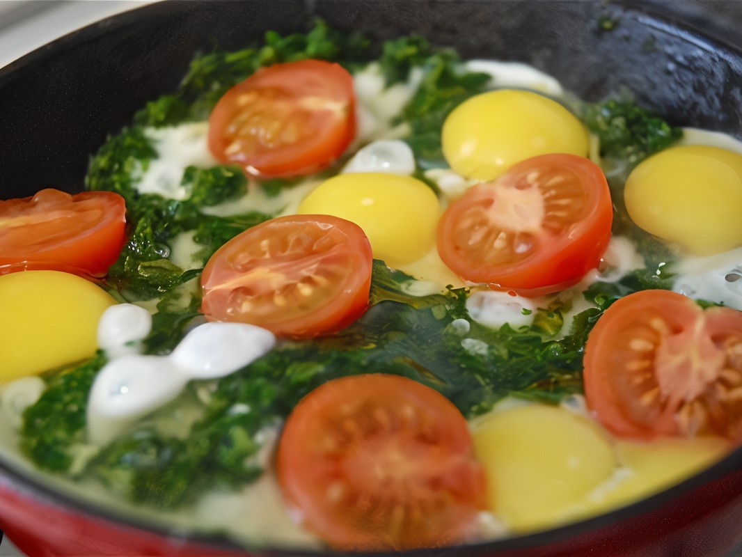 Scrambled Eggs with Quail Eggs, Spinach, and Cherry Tomatoes