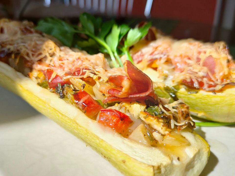 Baked Zucchini with Vegetables, Ham, and Cheese