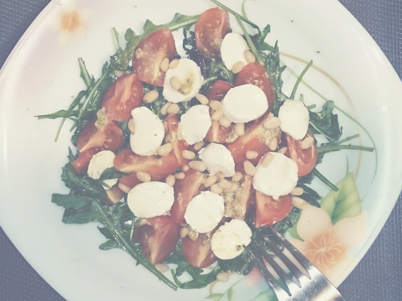 Caprese Salad with Arugula, Pesto, and Pine Nuts