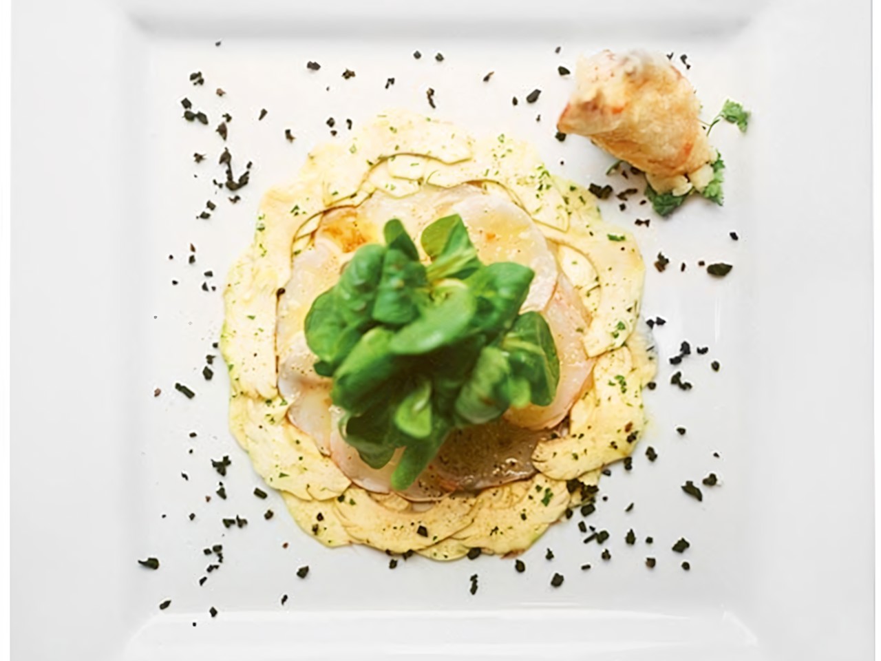 Langoustine Carpaccio with Artichoke Crudo and Truffle Emulsion
