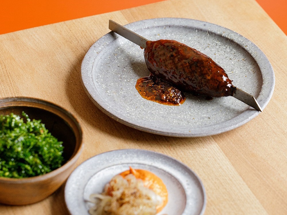 Kebab with Muhamarra and Kale Salad