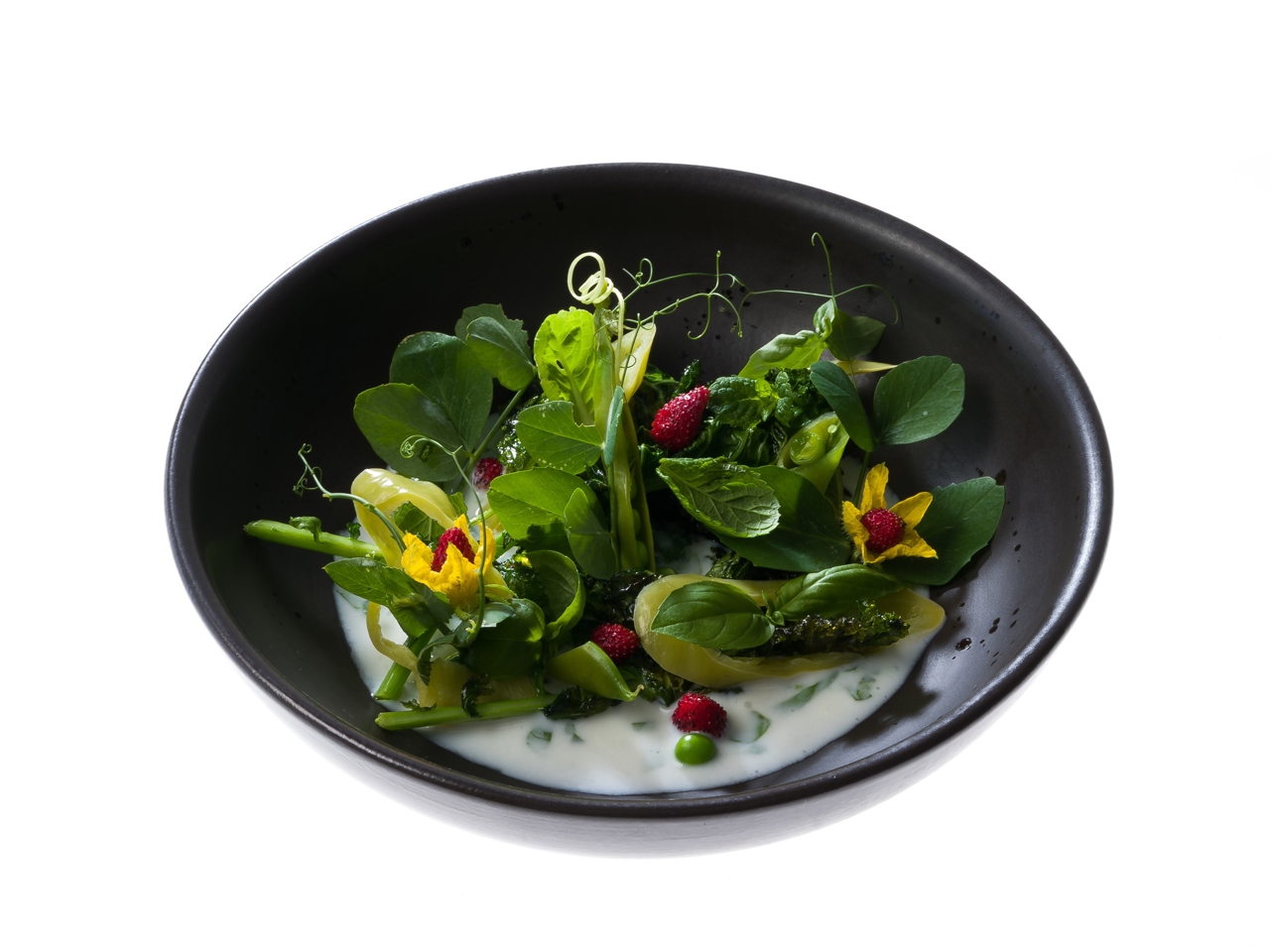 Kale with Hot Peppers, Green Peas, and Fermented Milk Sauce