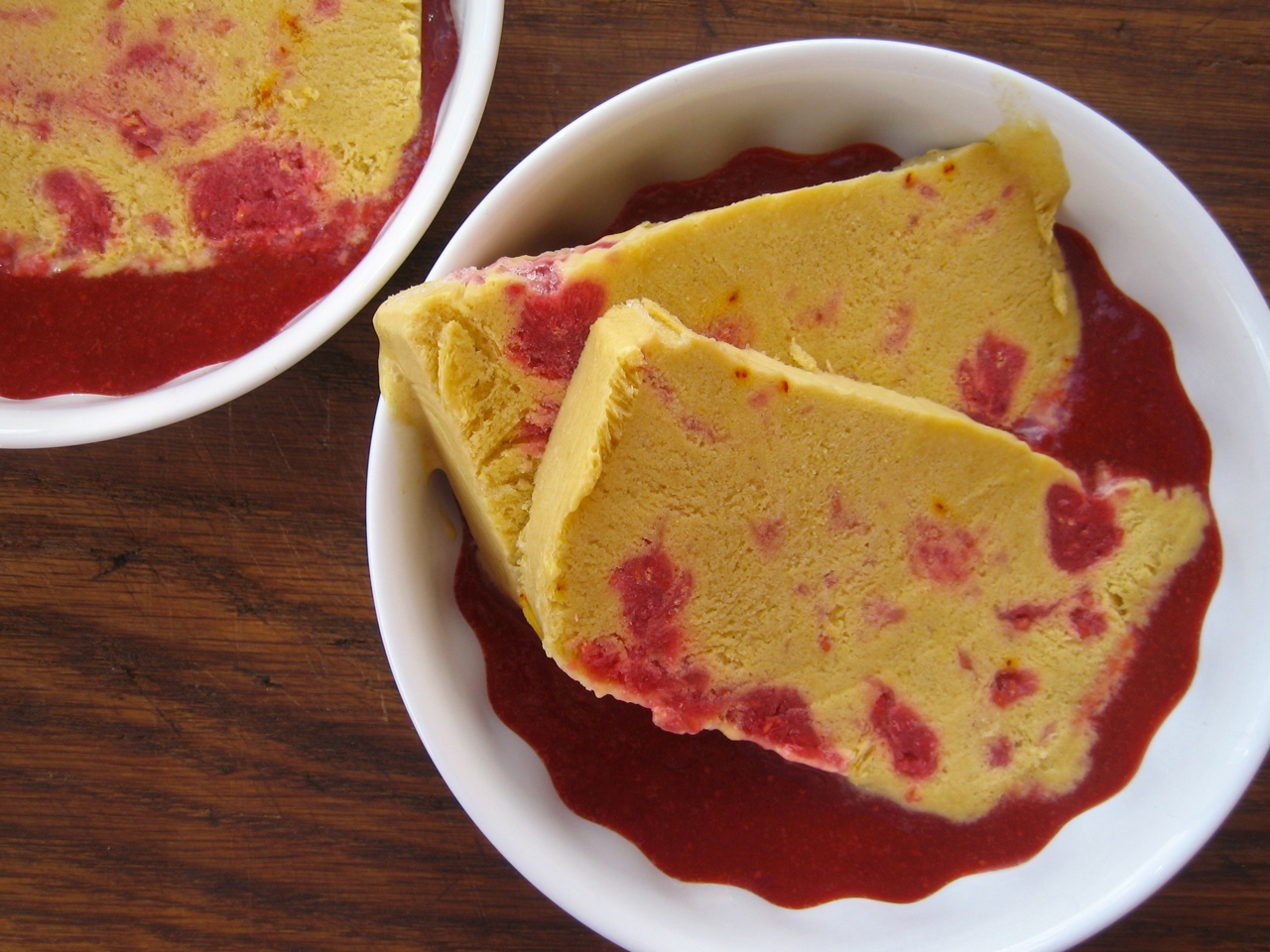 Strawberry Gazpacho with Mango, Raspberry, and Saffron Semifreddo