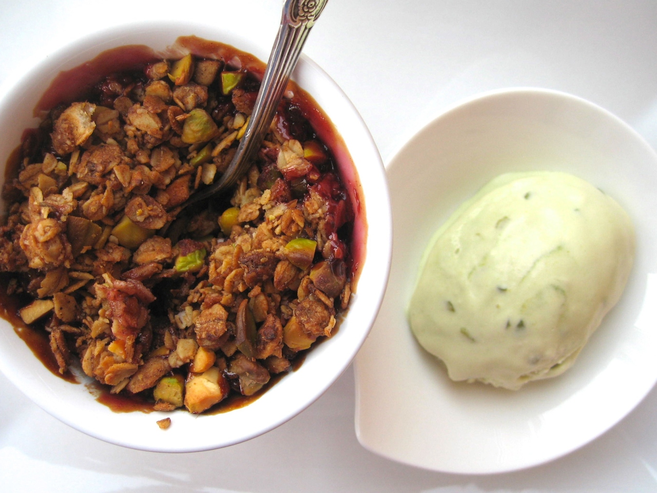 Crumble with Strawberries, Plums, and Pistachios