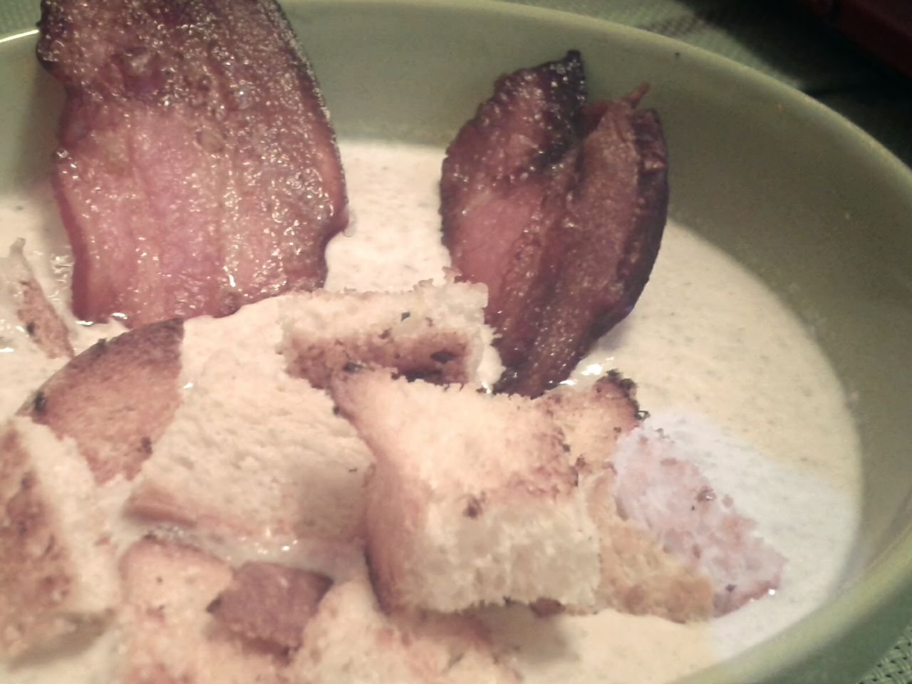 Creamy Mushroom Soup with Croutons and Bacon Chips