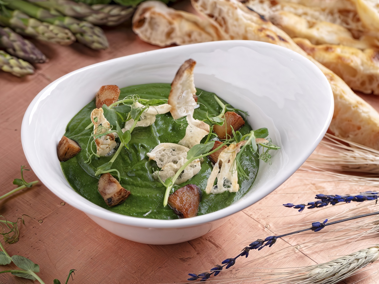 Spinach Cream Soup with Porcini Mushrooms
