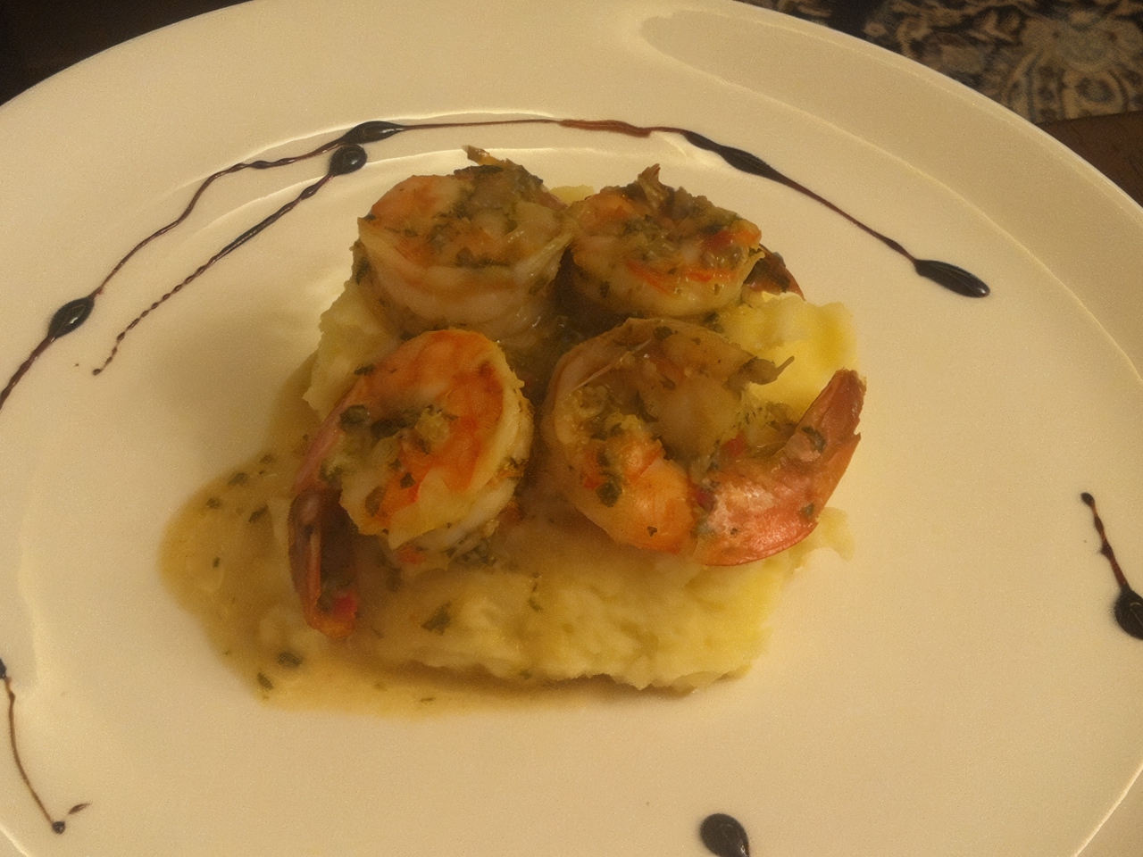 Steamed Tiger Shrimp on a Potato Plank with Truffle Oil