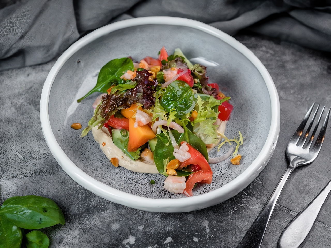Shrimp with Papaya, Watermelon, and Peanut Cream