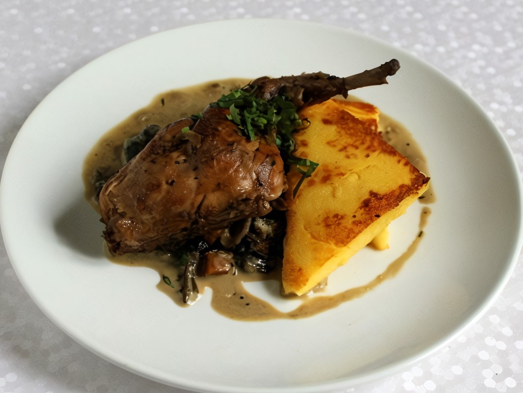 Rabbit with Mushrooms and Crispy Polenta
