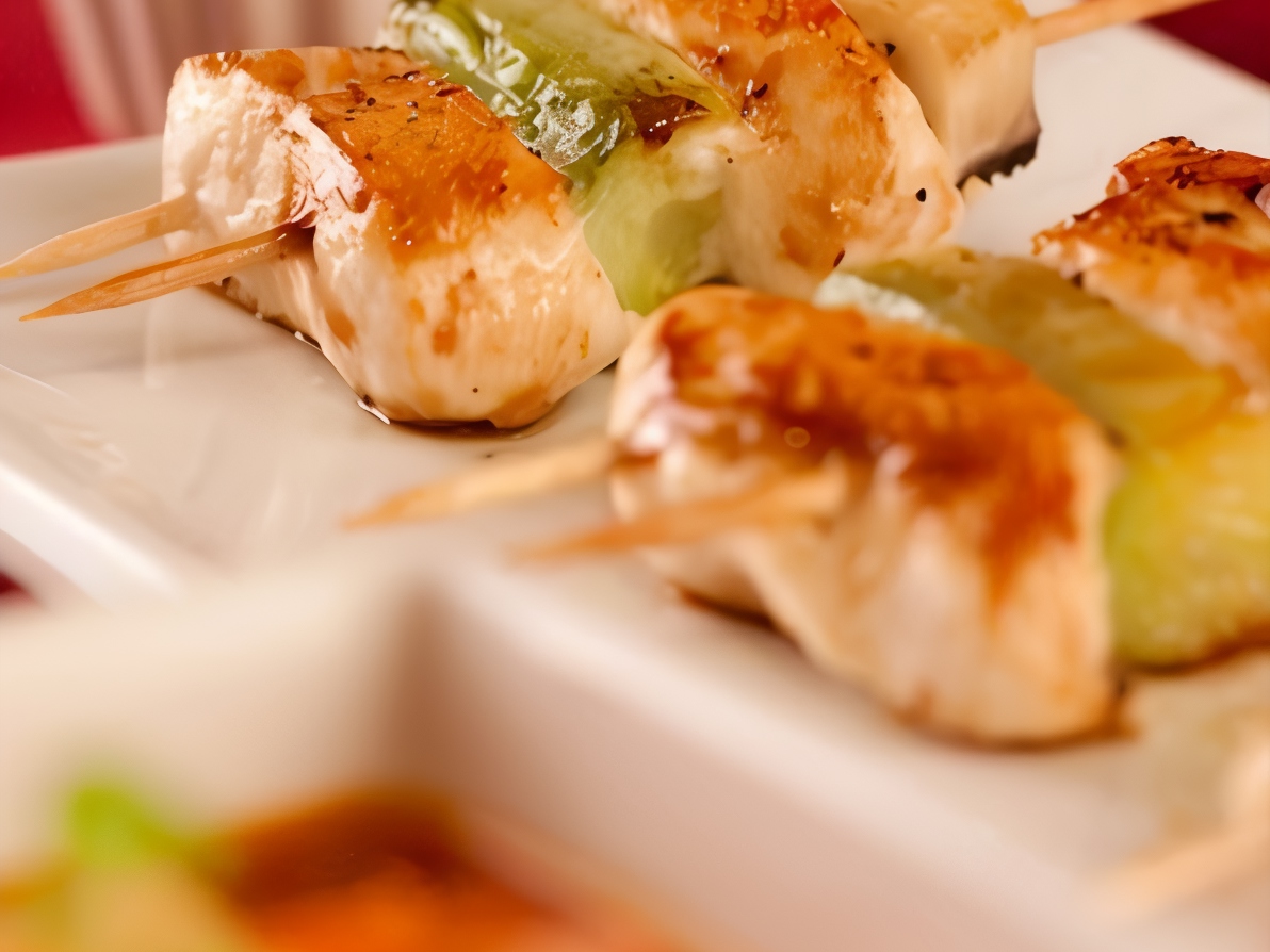 Chicken Skewers with Sweet Potato Puree and Pea and Mint Puree