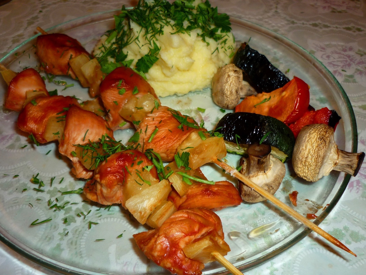 Homemade Chicken Shashlik with Mushrooms and Pineapple