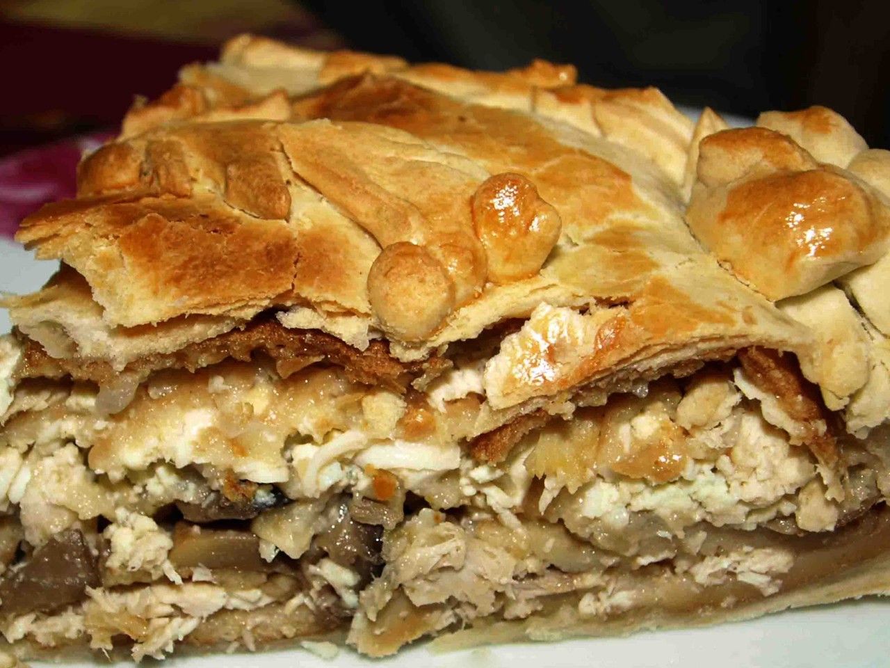 Chicken Pie with Puff Pastry, Pancakes, Mushrooms, and Chicken
