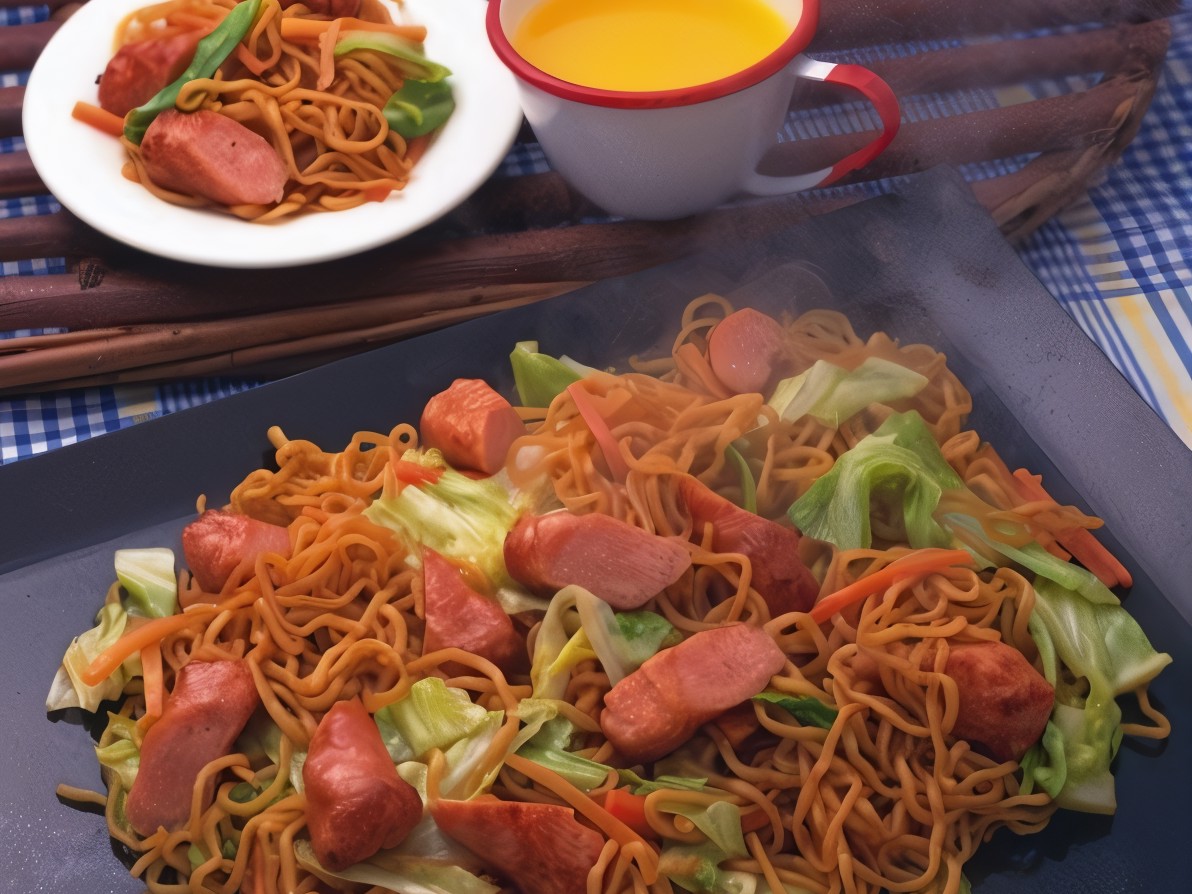 Noodles with Sausages and Green Salad