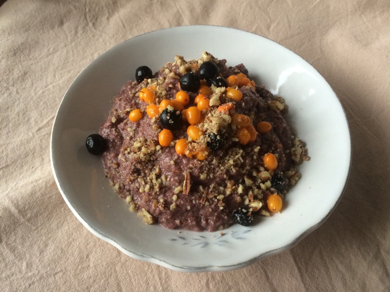 Flaxseed Porridge with Cranberry Juice, Black Rowan, Sea Buckthorn, and Pecan