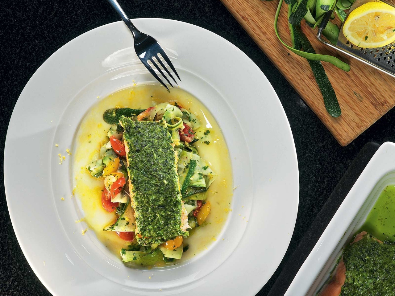 Salmon with Pesto Crust and Zucchini Noodles