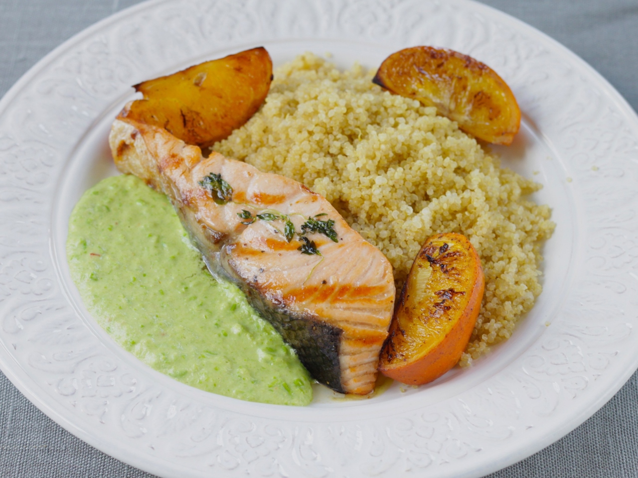 Salmon with Quinoa, Oranges, and Pea Purée