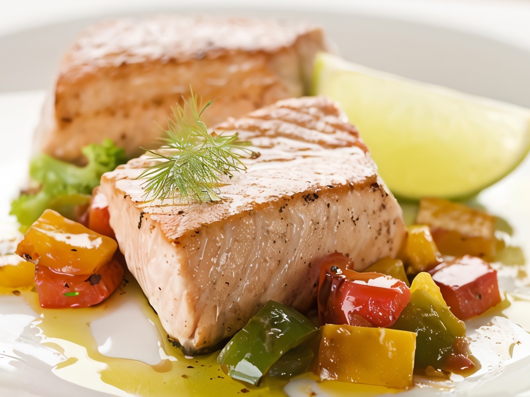 Salmon with Green Peas, Yellow Peppers, and Dill-Pistachio Pesto