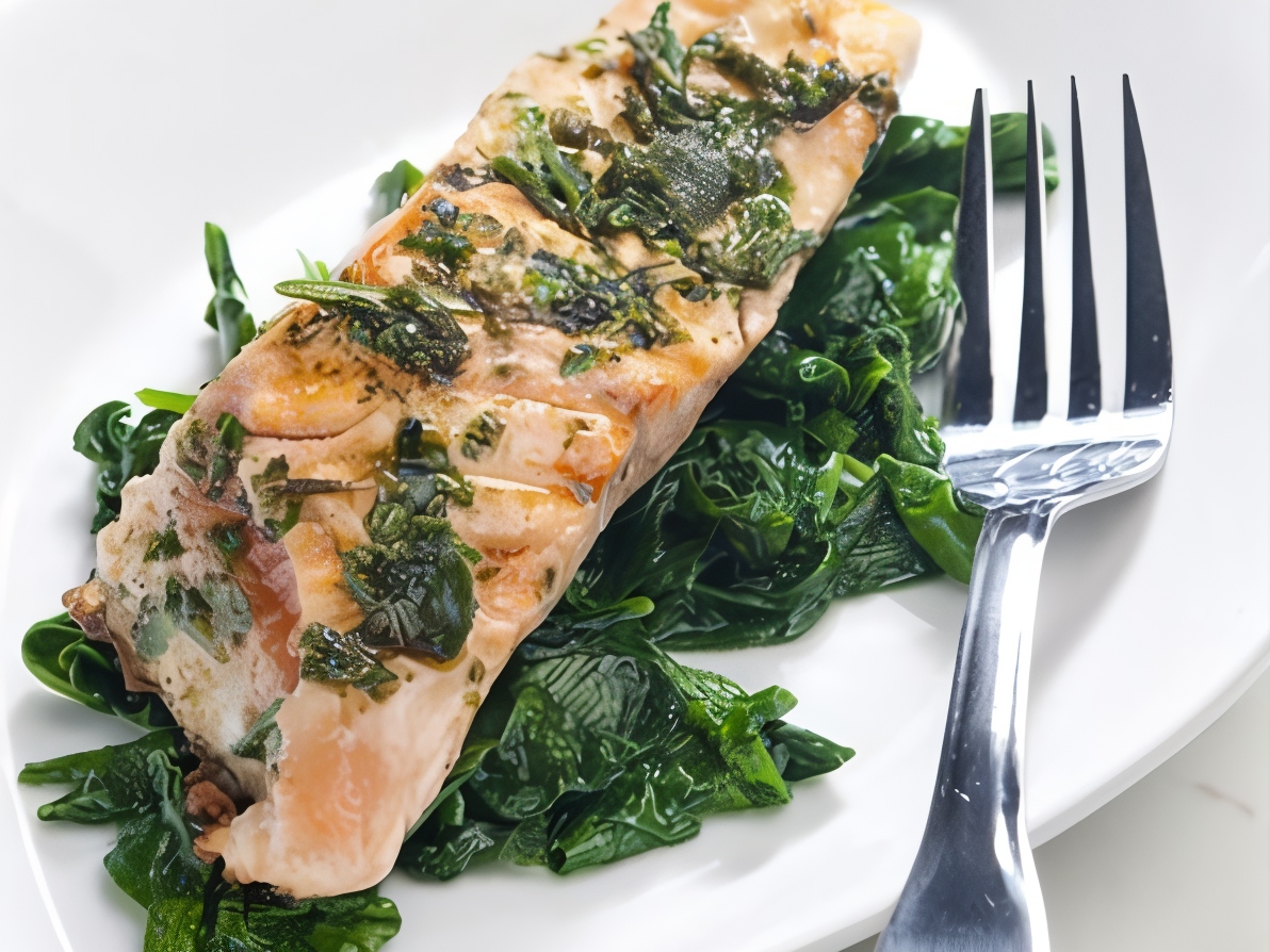 Salmon in Balsamic Glaze with Spinach, Olives, and Raisins