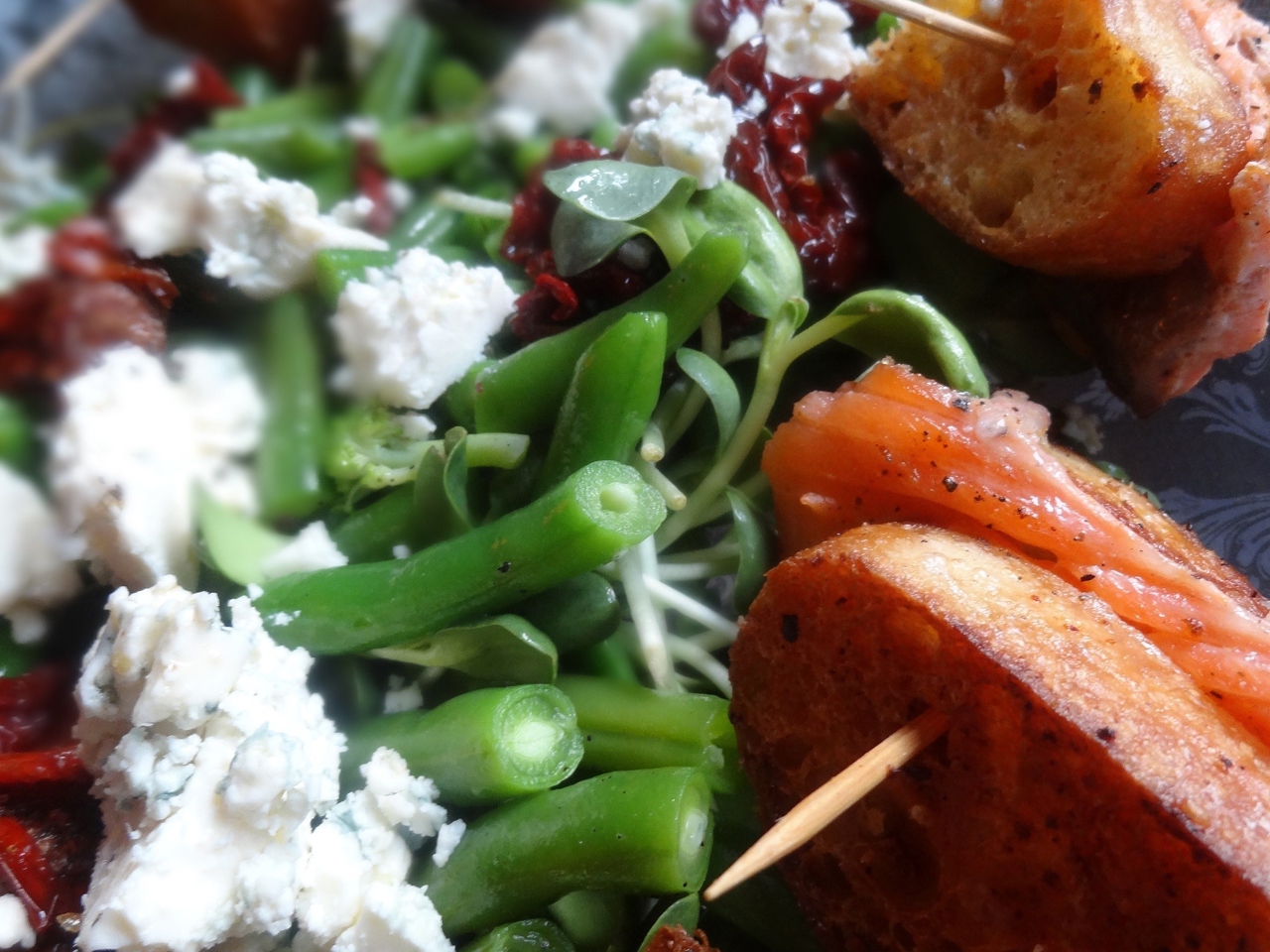Salmon in Ciabatta with Green Bean, Blue Cheese, and Sun-Dried Tomato Salad