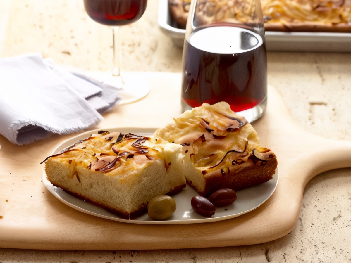 Onion Focaccia with Olives and Red Wine