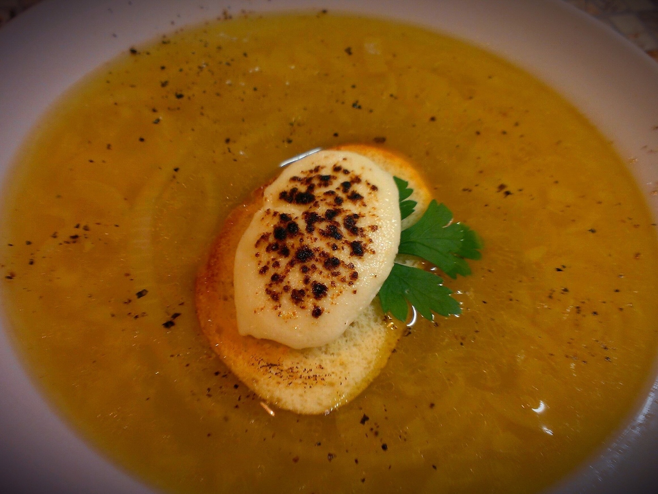 Onion Soup with Goat Cheese Meringue