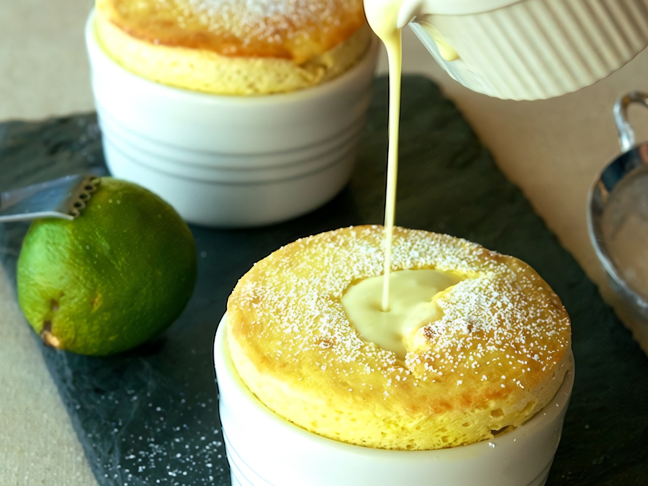 Mango Soufflé with Coconut-Lime Custard