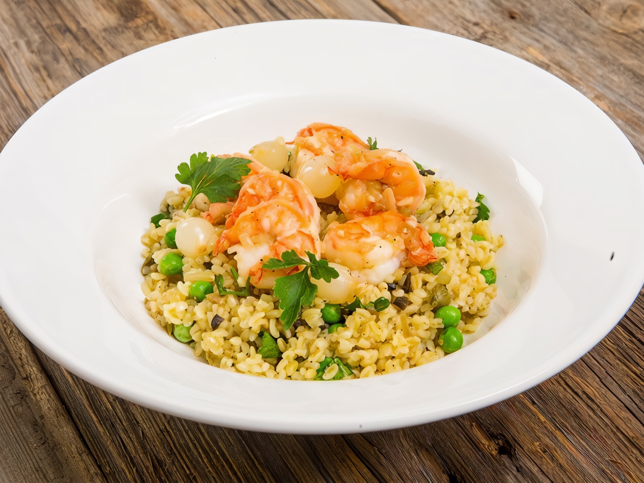 Moroccan Bulgur Salad with Shrimp and Green Peas