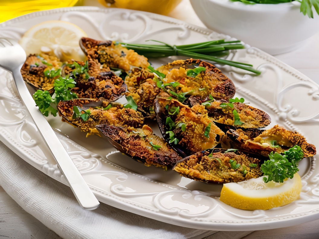 Mussels with Herb, Pancetta, and Breadcrumb Topping