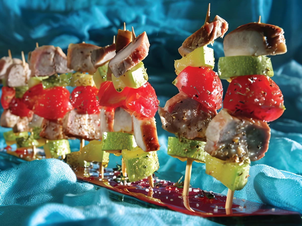 Mini Skewers of Smoked Pork, Cherry Tomatoes, and Pickled Zucchini