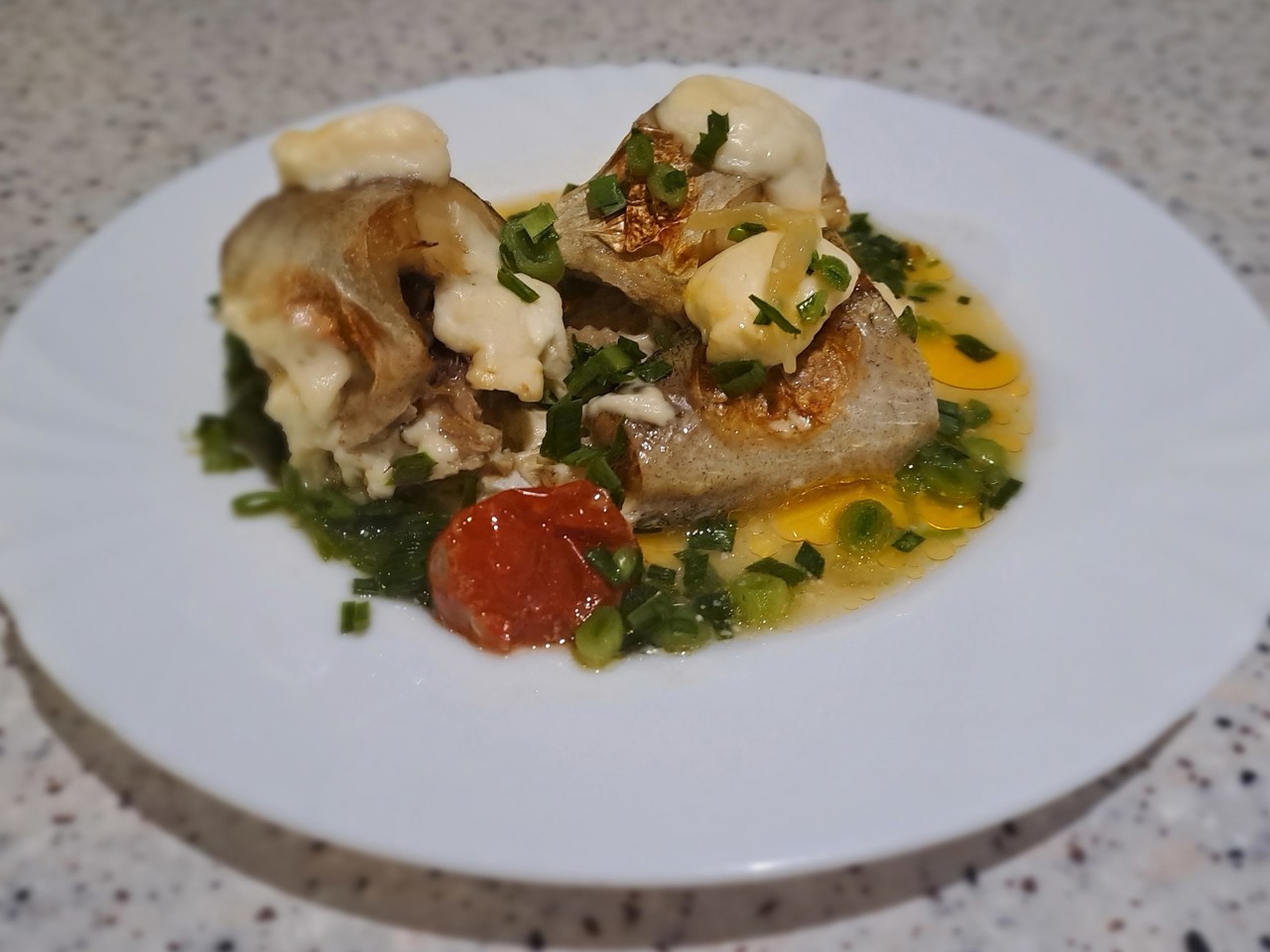 Pollock Baked with Tomatoes and Mozzarella
