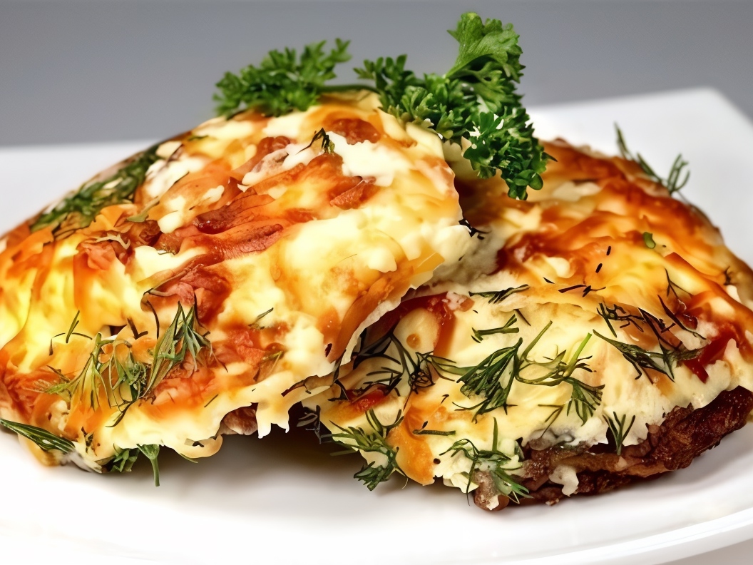 Meat with Orange and Apple, Baked with Cheese and Mayonnaise