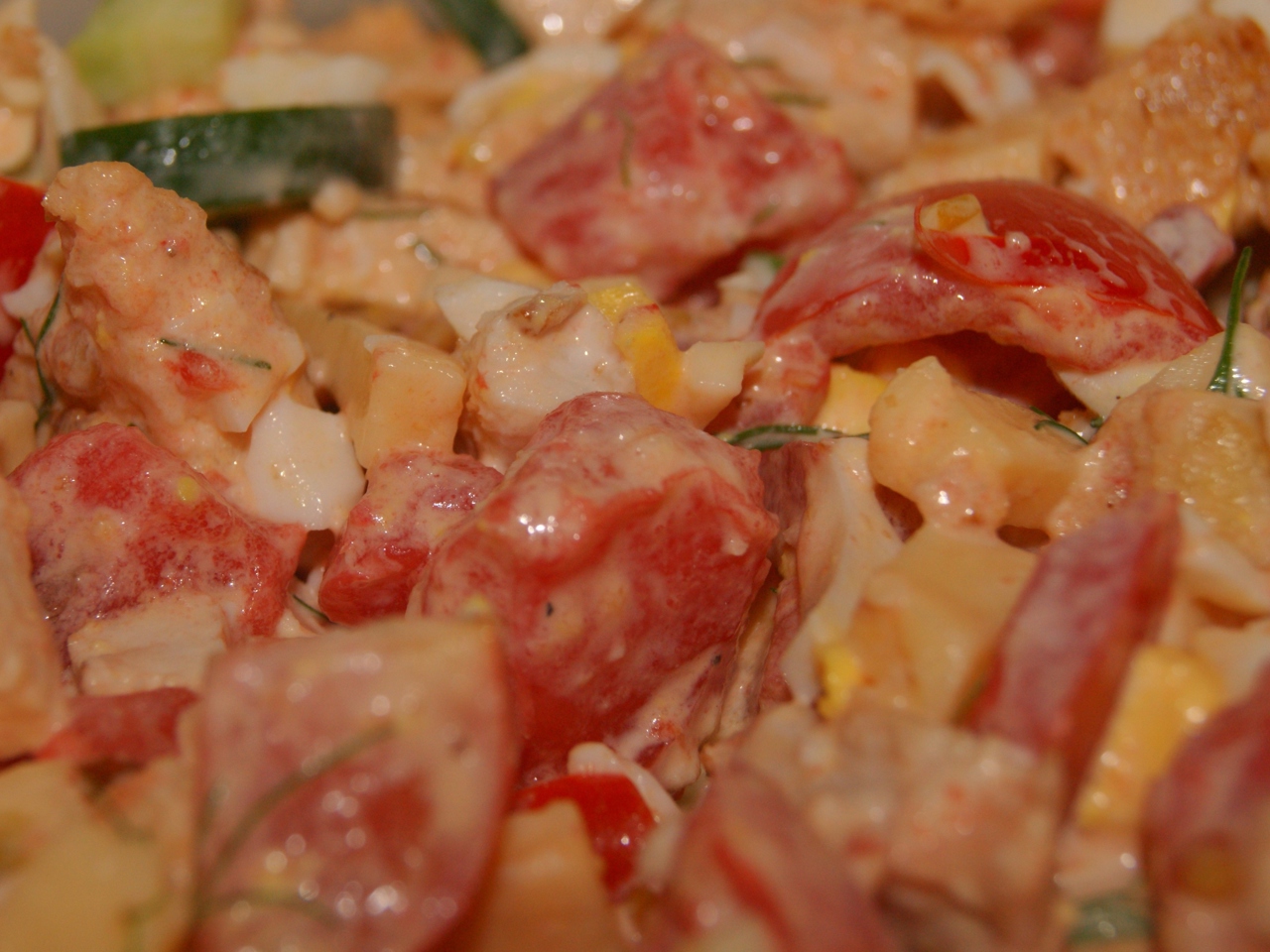 Tender Chicken Salad with Vegetables and Croutons