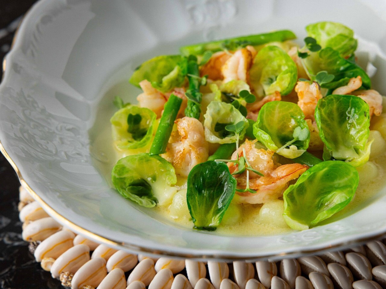 Gnocchi with Cheese, Shrimp, Brussels Sprouts, and Asparagus
