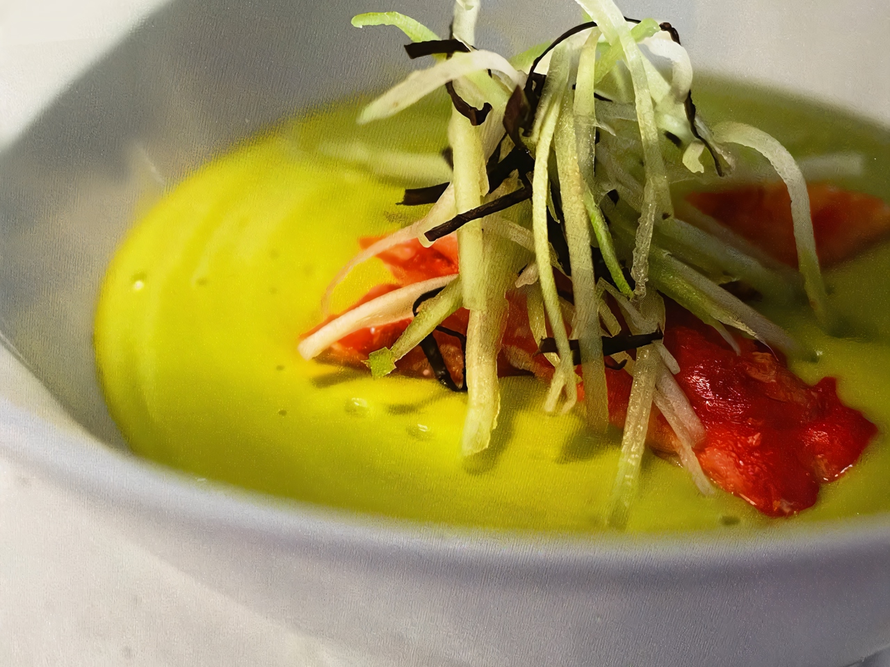 Chilled Avocado and Celery Soup with King Crab and Red Basil Salad